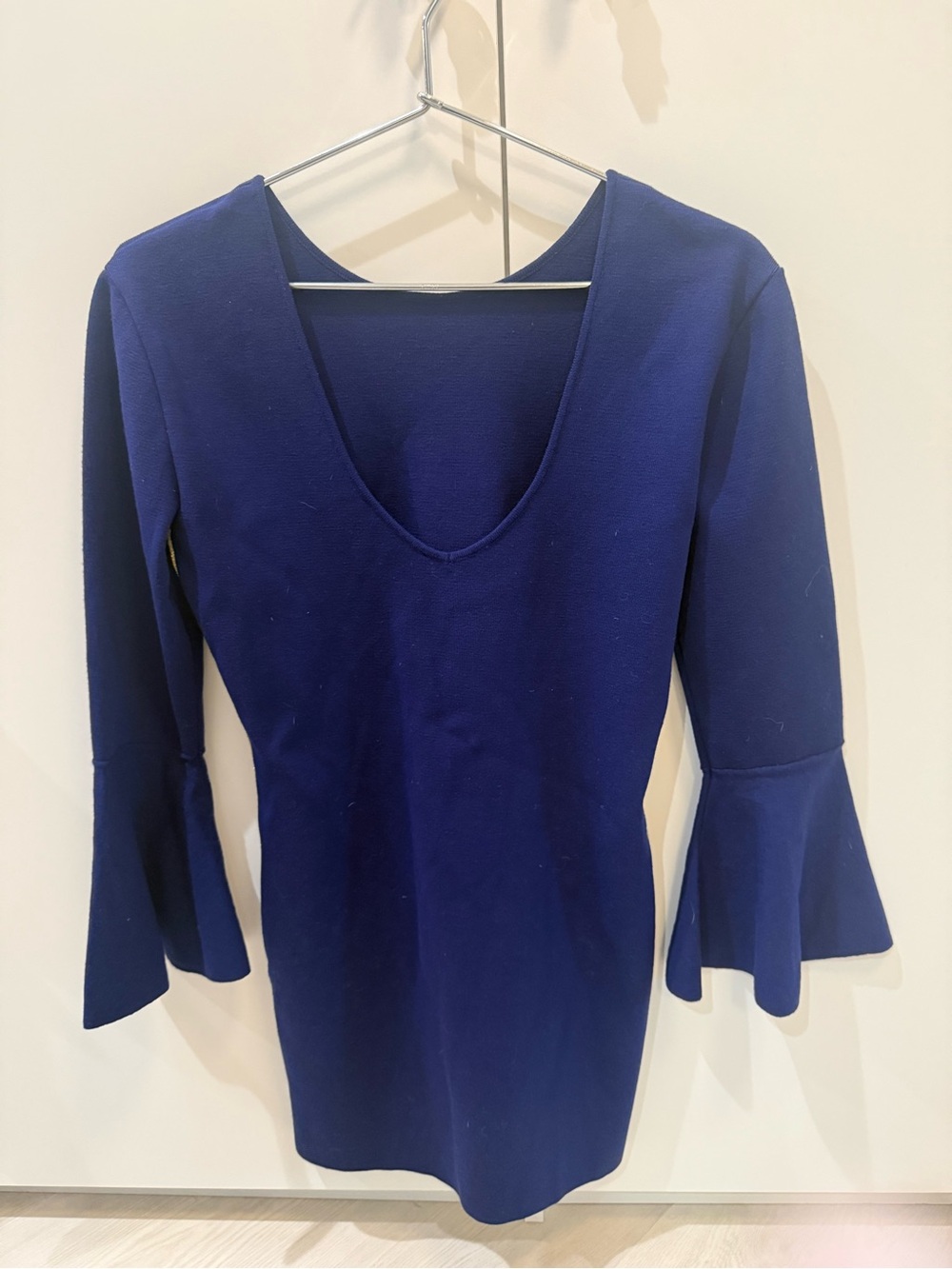 Emilio Pucci Navy Blue Virgin Wool Knit Dress
Gold Trim Bell Sleeves M Italy EUC